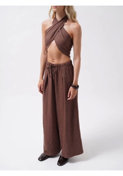 Defymoda Çapraz Bağlamalı Keten Crop Kahverengi