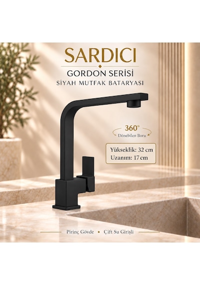 Sardıcı Gordon Mat Siyah 3 Lü Mutfak Lavabo Banyo Batarya Seti Dirsek Takımı Dahil