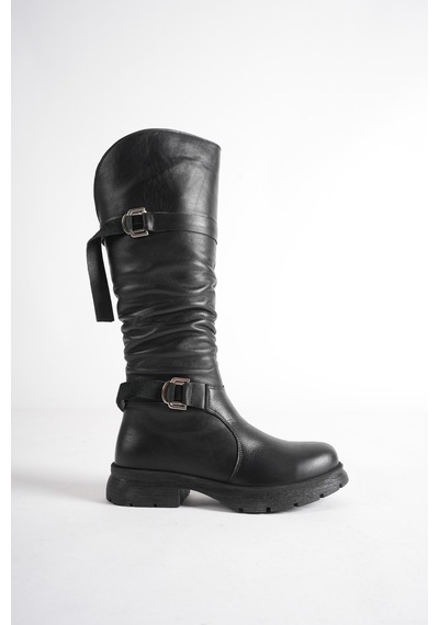 Analin Shoes Kadın Hakiki Deri Büzgü Detaylı Tokalı Fermuarlı Uzun Çizme Siyah