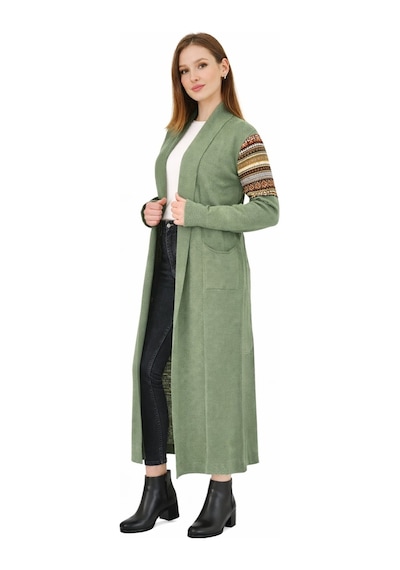 Onno Style Woman Standart Beden Kilim Desenli Uzun Triko Ceket Yeşil
