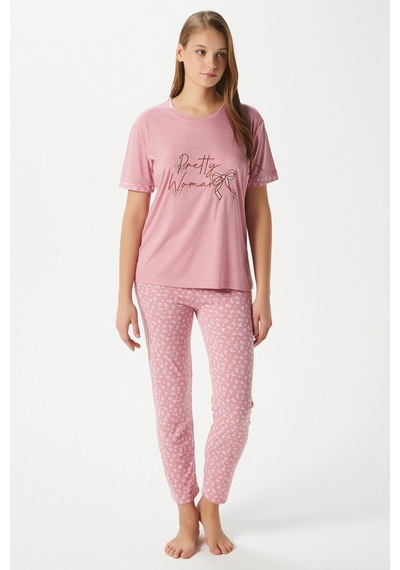 Ritnice Kadın Pretty Woman Viskon Bisiklet Yaka Kısa Kol Pembe Alt Üst Pijama Takımı Pembe