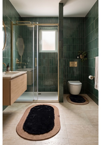 Banyo Paspası Takımı 60x100+40x60 Cm Düz Siyah & Camel