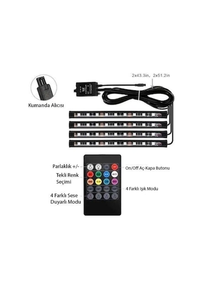 Redno Araç Içi Ayak Altı Led Aydınlatma Rgb 9Led Kumandalı Oto Şerit 12 Volt