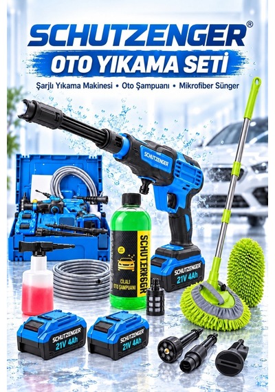 21v Şarjlı Araba Oto Yıkama Makinesi Köpük Hazneli Cilalı Şampuan Mikrofiber Fırça Bakım Seti Mavi 7010