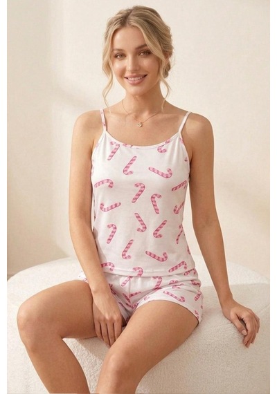 Baston Şeker Desenli İp Askılı Şortlu Pijama Takımı 4613 -pembe