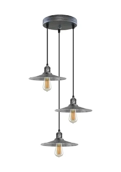 Riolight Rustik1,retro1,vintage1 Gümüş Gri Fırçalı Patine 3xe27 Metal Sarkıt Avize Taban Çapı:30cm Gümüş - Gri