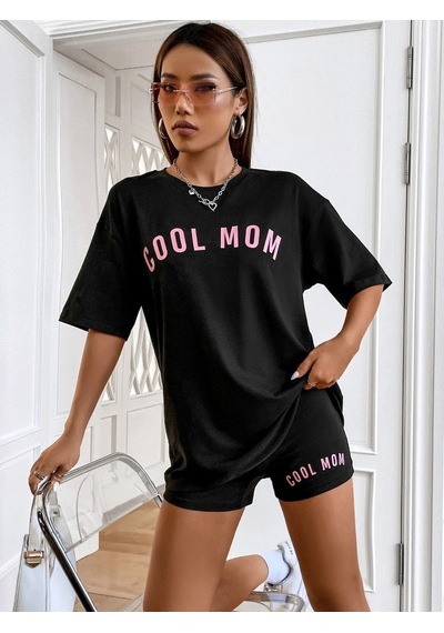 Cool Mom T-shirt - Siyah Baskılı Oversize Bisiklet Yaka Kısa Kol Tişört SIYAH