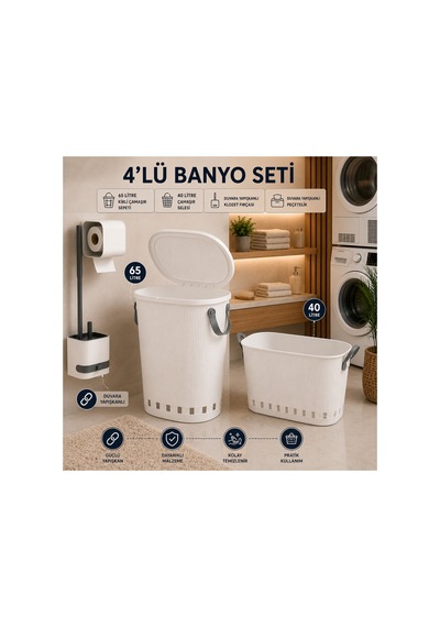 4 Lü Banyo Seti 65 Litre Kirli Çamaşır Sepeti 40 Litre Çamaşır Selesi Klozet Fırçası Peçetelik Beyaz - 913675252 Beyaz