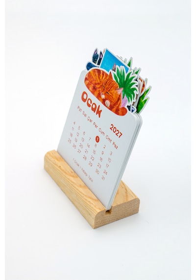 Ahşap Standlı Özel Kesim Kedi Tasarımlı 2027 Masaüstü Takvimi 8,5x12 Cm Çok Renkli