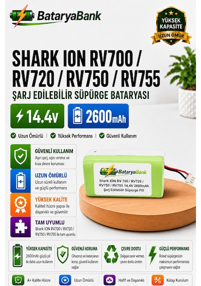 Bataryabank Shark Ion Rv700 / Rv720 / Rv750 / Rv755 Uyumlu Robot Süpürge Bataryası 14.4v 2600mah Li-ion