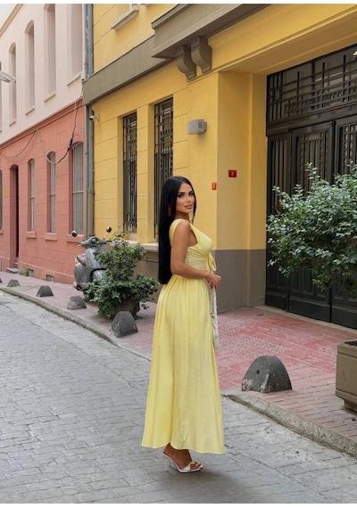 Rawea Kadın Korse Detaylı Kurdeleli Poplin Elbise - %100 Pamuk & V Yaka Sarı