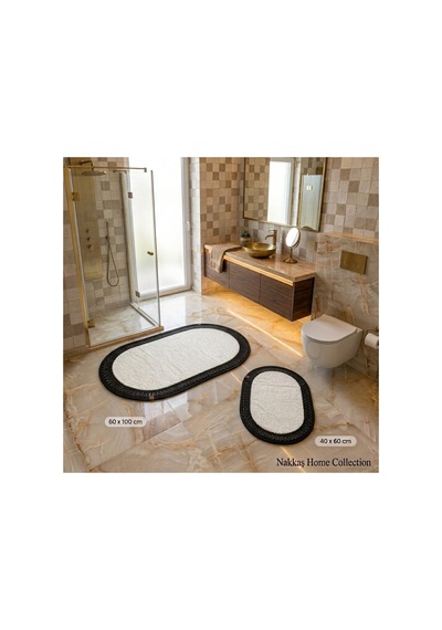 Nakkaş Home 2'li Siyah Jüt Beyaz Peluşlu Klozet Takımı 2li Oval Siyah - Beyaz