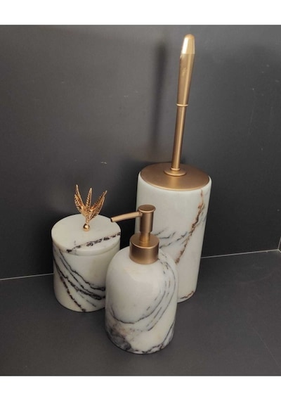 Leylak Mermer 3'lü Banyo Seti Wc Fırçalığı, Sıvı Sabunluk, Pamukluk Beyaz