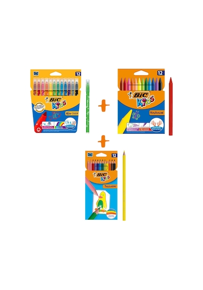 Bic Kid Couleur Keçeli Boya Kalemi 12 Renk + Plastidecor Mum Boya 12 Renk + Tropicolors Kuru Boya 12 Renk
