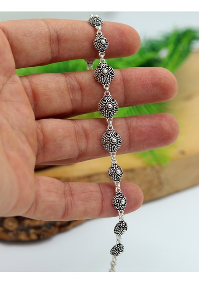 Sıralı Yıldızlı Bereket Model 925 Ayar Gümüş Telkari Kadın Bileklik 201025234 Gümüş