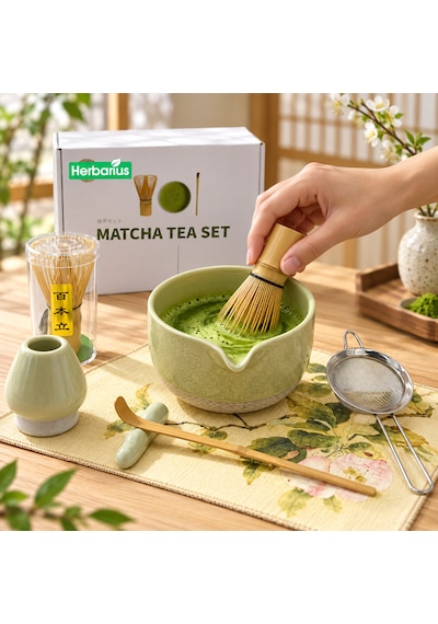 Herbarius 8 Parça Çiçek Desenli Balık Sırtı Kabartmalı Açık Adaçayı Yeşili Renk Matcha Çayı Hazırlama Seti - Geleneksel Japon Matcha Seti