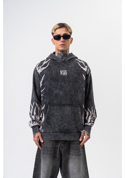 Respire Erkek War Baskılı Yıkamalı Kapüşonlu Oversize Hoodie Siyah