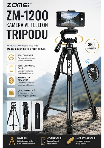 Zm-1200 Kamera Ve Telefon Triopdu-360 Dönebilen Telefon Tutucu Ve Çanta li Siyah
