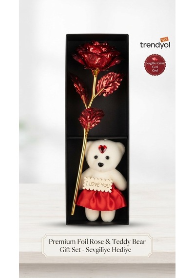 Sevgiliye Hediye Gold Folyo Gül Ve I Love You Yazılı Peluş Ayıcık Seti - Özel Kutulu