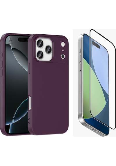 Apple Uyumlu iPhone 17 Pro Içi Kadife Lansman Kılıf Ve Mat Seramik Tam Kaplayan Cam Ekran Koruyucu Koyu Mor