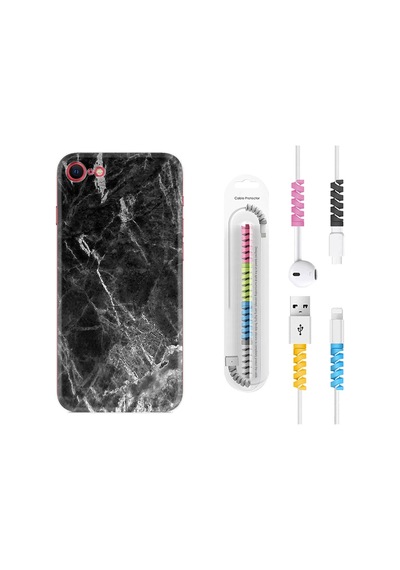 Apple Uyumlu iPhone 6/6S Kılıf Kablo Koruyuculu Kara Mermer 1375