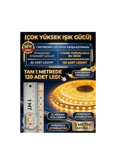 5mt Günışığı 3000k , Şerit Led ,mutfak Dolabı Tezgah Aydınlatması Led,1 Metrede 120 Led Yüksek Lümen,12v ,yapışkanlı Led Işık Trafo Hariç Günışığı-3000k