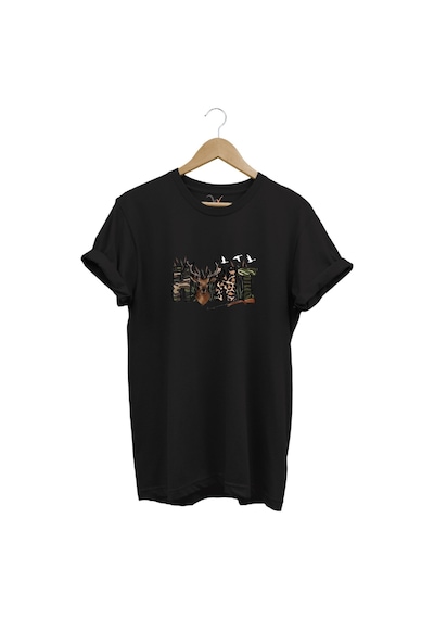 Avcılık Hunter Outdoor Geyik Tasarımlı Hunt Yazı Baskılı %100 Pamuk Regular Fit Siyah T-shirt Siyah