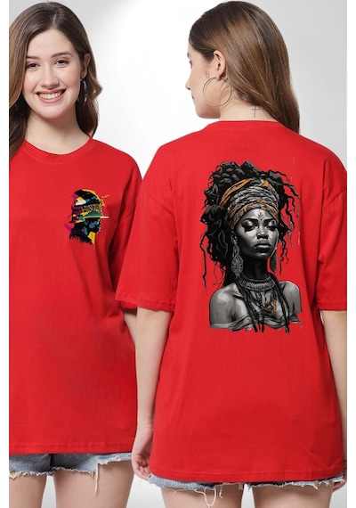 Afrikalı Kadın Sanat Siyahi Kırmızı Oversize Unisex Ön Ve Sırt Baskılı Tişört Kırmızı