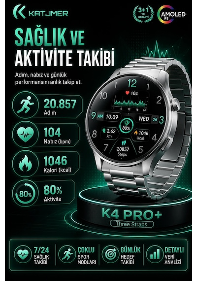 Spor Modlu Bildirim Özellikli Akıllı Saat Metal Kordonlu Üç Kayışlı Günlük Kullanım Seti