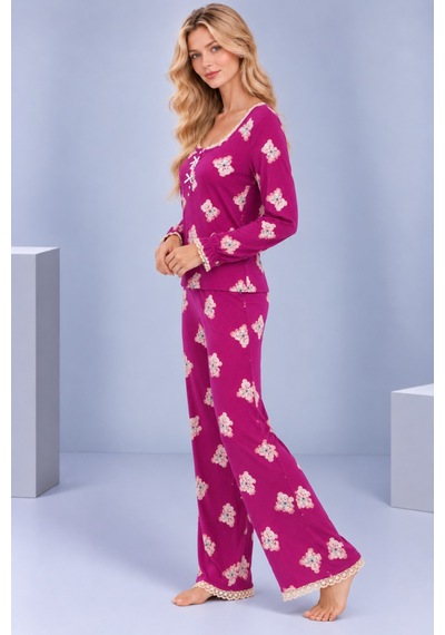 Pijamask Kadın Desenli Dantel Detaylı Fiyonk Ve Düğmeli Uzun Kollu Pijama Takımı Mor-9