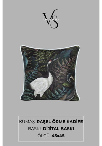 Kırlent Kılıfı Botanik Kuş Desenli 45x45 Raşel Örme Kadife Çift Taraflı Dijital Baskı Beyaz Biyeli Çok Renkli