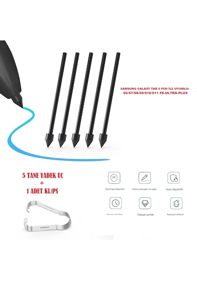 Samsung Uyumlu S Pen Uç Galaxy Tab S Serisi İle Uyumlu Lite,fe,ultra S6,s7,s8,s9,s10,s11 5 Adet Siyah