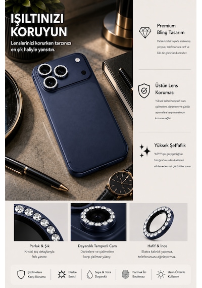 İphone 17 Pro / 17 Pro Max Uyumlu Taşlı Kamera Lens Koruyucu Abis
