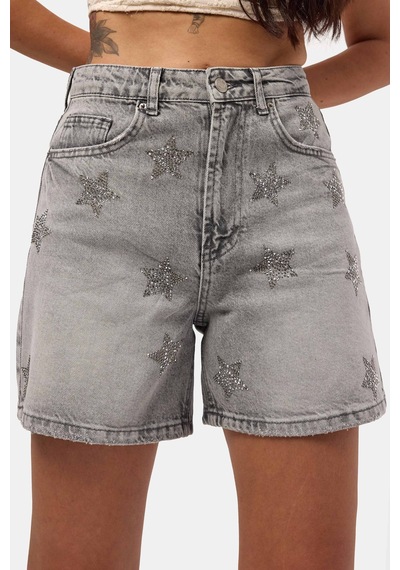 it's basic Kadın Füme T-4s6-12 Mom Relax Yıldız Detaylı Tasarım Denim Şort