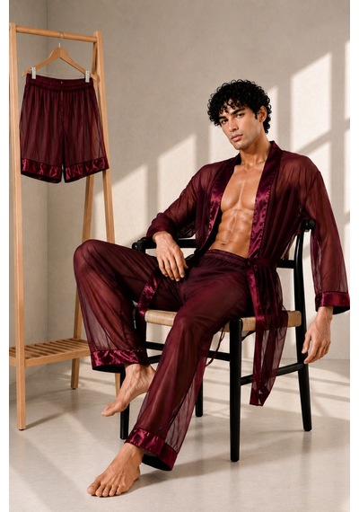 Qmen Style Erkek Şifon Kimono- Pijama - Şort Seti Bordo