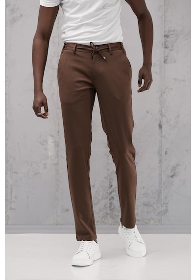 Beli Lastikli Ve İplikli Rayon Kumaş Regular Fit Likralı Jogger Pantolon Kahverengi