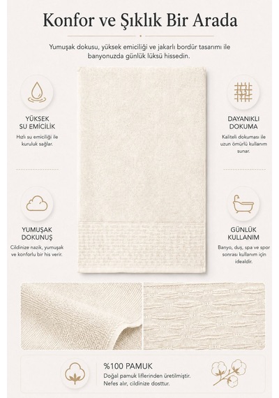 Banyo Havlusu %100 Pamuk 90x150 Cm Linea Collection 650 Gr Krem
