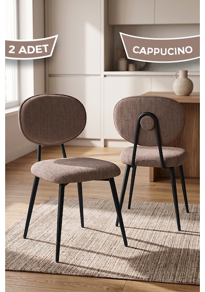 Nubba Serisi 2 Adet Bukle Kumaş Siyah Metal İskeletli Mutfak Sandalyesi Cappuccino - Siyah