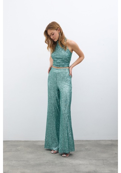 Sateen Payetli Salaş Pantolon - Mint-135395 Mint