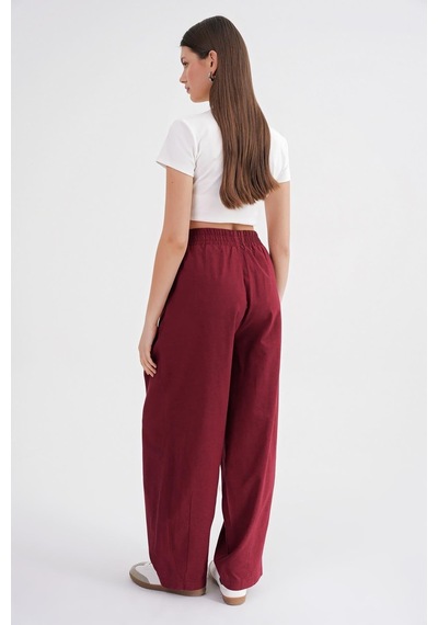 Mixray 4682 Kadın Beli Lastikli Jogger Bol Keten Pantolon Bordo