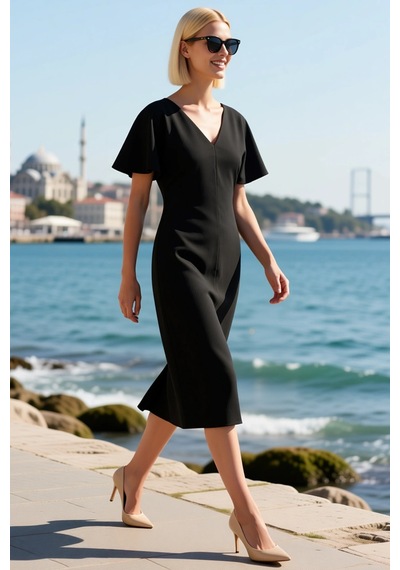 Benerly Kadın Midi Boy V Yaka Melek Kol Kısa Kollu Bodycon Kesim Scuba Kr Siyah