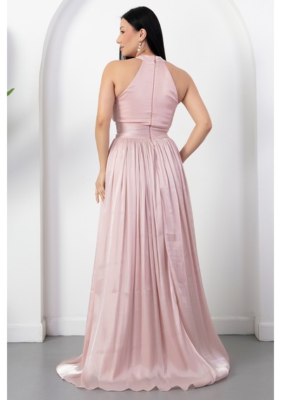 Kalopya Halter Yaka Beli Düğümlü Yırtmaçlı Elbise Drp6882 Pembe