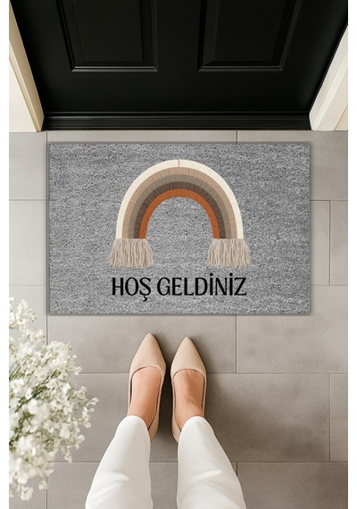 Rugmood Modern Dijital Baskı Paspas - Bohem Hoşgeldiniz Paspas - Kapı Önü Paspası 70x45cm Gri