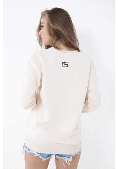 Kadın Bej Renk Ayıcık Baskılı Kapşonsuz Sweatshirt Bej