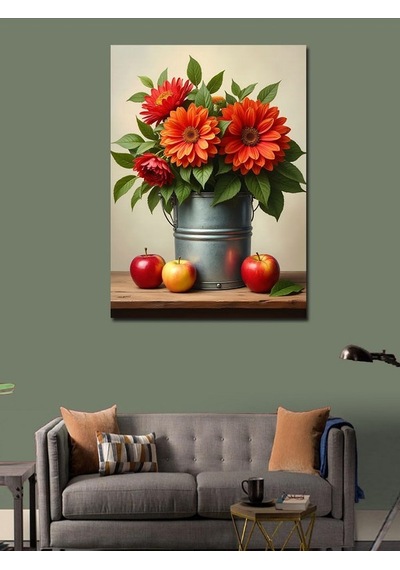 Kanvas Tablo Elma Ve Kırmızı Çiçekler 50cmx70cm