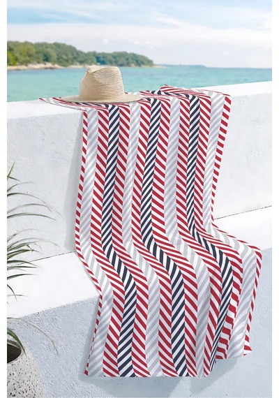 Çizgili Marine Plaj Havlusu - Modern Kırmızı Lacivert Beyaz Hızlı Kuruyan Mikrofiber Havlu Kumlu Akasya