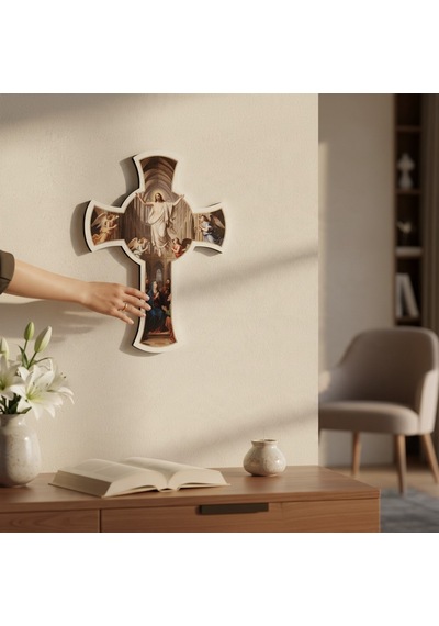 Katedral Mimarili Ahşap Duvar Haçı - Hz. İsa, Meryem Ana Ve Melekler Kabartma Dini Dekor Tek Parça