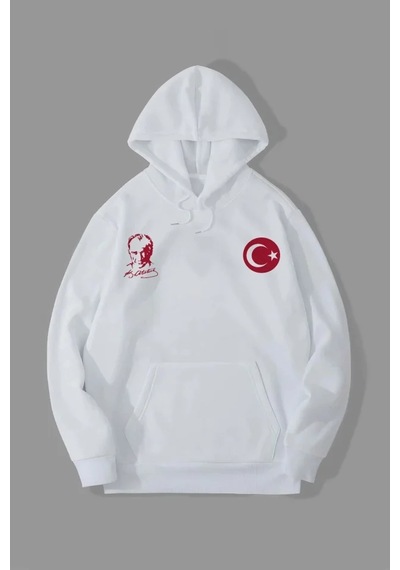 10 Kasıma Özel Üç İplik Kapşonlu Baskılı Sweatshirt - Beyaz
