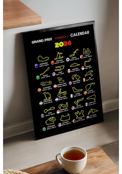 Grand Prix Formula 1 Calendar Siyah Ahşap Çerçeveli Poster, Dekoratif Araba Duvar Tablosu