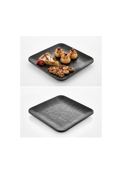 12 Adet Kırılmaz Melamin Kare Tatlı Tabağı Servis Tabağı 18 Cm - Siyah Beyaz